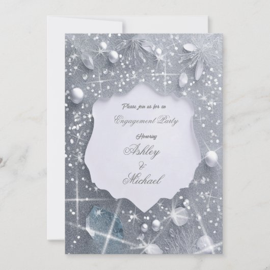 パール シルバー 婚約パーティー グリッター シークインズ 招待状 (正面)