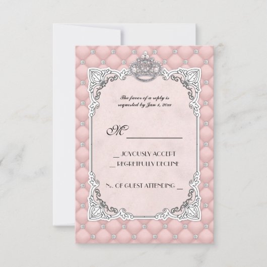 パール&ダイヤモンド結婚ズピンクグラマラスRSVPカード 出欠カード (正面)