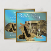 パール ハイ ヒール シューズ ティール ブルー 女性の誕生日 招待状 (正面/裏面)