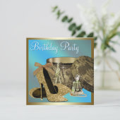 パール ハイ ヒール シューズ ティール ブルー 女性の誕生日 招待状 (スタンド正面)