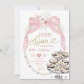 パール&ピンクボウブライダルシャワーオイスター 招待状 (正面)