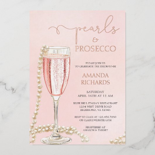パール&プロセッコブライダルシャワーバラ金ゴールド 箔招待状 (正面)