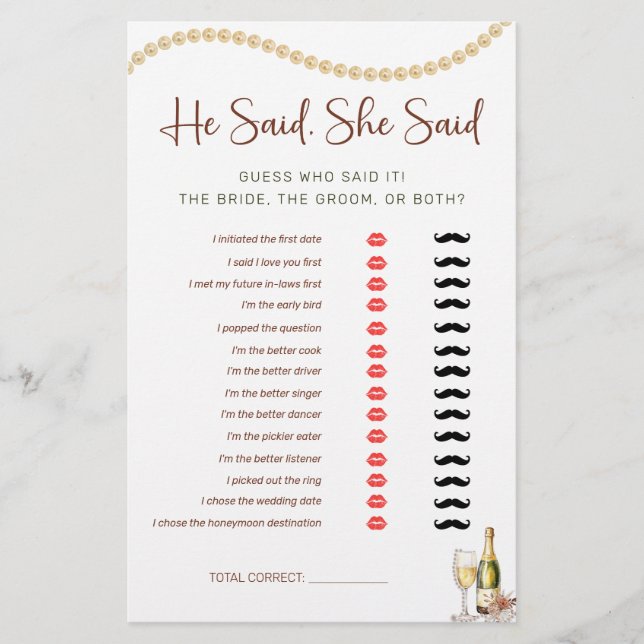 パール&プロセッコ彼、彼女はブライダルシャワーゲームと言った (正面)