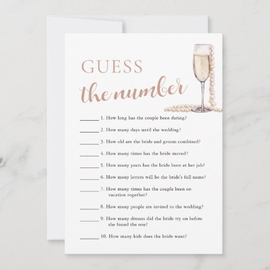 パール&プロセッコ数字ゲームを推測ブライダル 招待状 (正面)