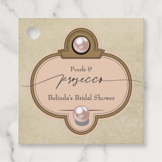 パール&プロセッコ – ヴィンテージシックブライダルシャワー フェイバータグ (正面)