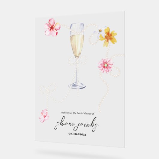 パール、ペタル + プロセッコ | ウェディングシャワーの歓迎 アクリルサイン (傾斜)