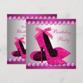 パール ホットピンク ハイ ヒール シューズ 誕生日パーティー 招待状 (正面/裏面)