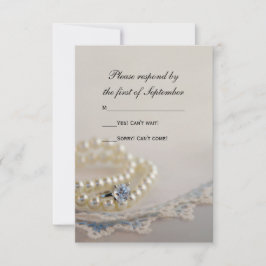 パール、リングや輪、ブルーヴィンテージレース結婚式RSVPカード 出欠カード