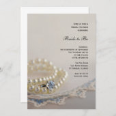 パール、リングや輪、ヴィンテージブルーレースブライダルシャワー 招待状 (正面/裏面)