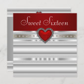 パール ルビーレッド ハート スウィート シックスティーン 誕生日 招待状 (正面/裏面)