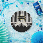 パール&レースブラックストライプ金ゴールド名 ペーパープレート (パーティー)