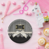 パール&レースブラックストライプ金ゴールド名 ペーパープレート (パーティー)