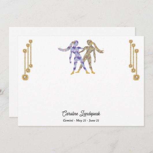 パール&金ゴールドジュエリーとジェミニ〔占星術の〕十二宮図サイン ノートカード (正面/裏面)