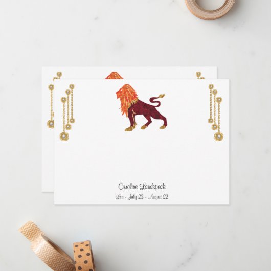 パール&金ゴールドジュエリーとレオ〔占星術の〕十二宮図サイン ノートカード (正面/裏面インサイチュ)