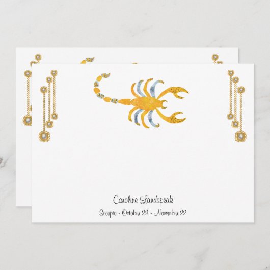 パール&金ゴールドジュエリーと蠍座〔占星術の〕十二宮図標識 ノートカード (正面/裏面)