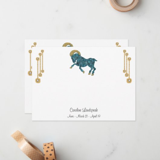 パール&金ゴールドジュエリー付き〔占星術の〕十二宮図標識 ノートカード (正面/裏面インサイチュ)