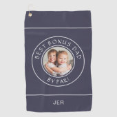 パー最高のゴルファーによるボーナスパパ写真ギフトブルー白 ゴルフタオル (正面)