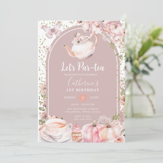 パー茶誕生日ティーパーティーガールカボチャ 招待状 (スタンド正面)