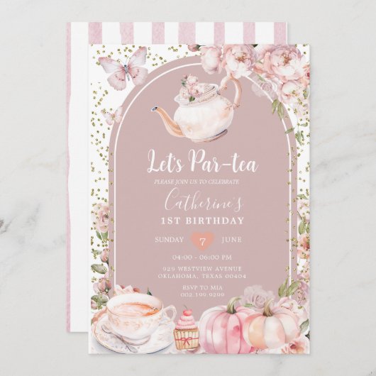 パー茶誕生日ティーパーティーガールカボチャ 招待状 (正面/裏面)