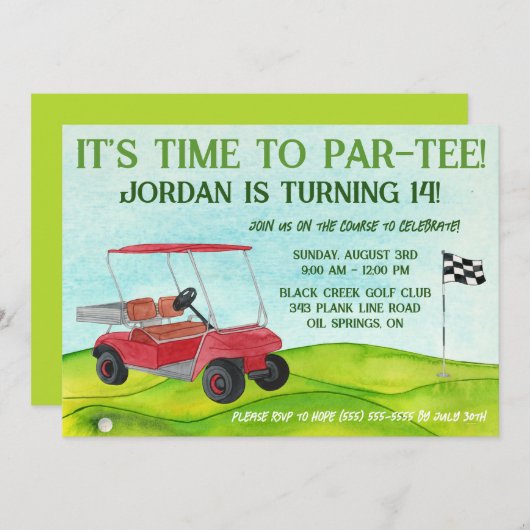パー・ティーの時間だ！ゴルフをテーマにした誕生日パーティー 招待状 (正面/裏面)