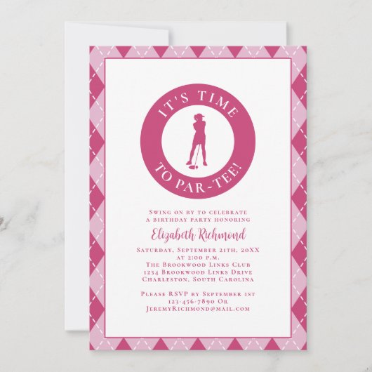 パーTゴルファーおもしろいユーモア誕生日パーティーピンク 招待状 (正面)