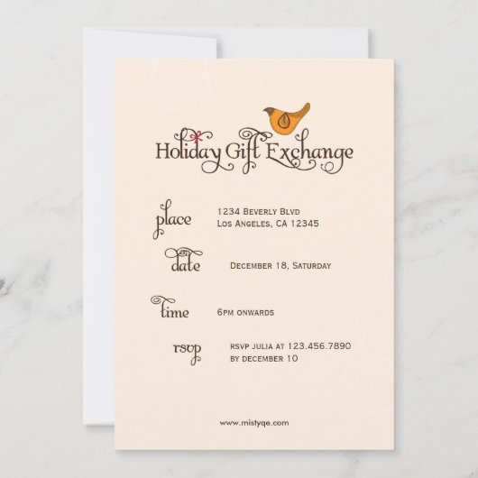 パtridge in a Pearの木のホリデーギフト交換 招待状 (裏面)