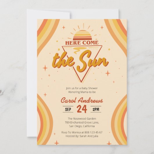 ヒア・カムズ・ザ・サン ヴィンテージ グルーヴィー ベイビー シャワー 招待状 (正面)