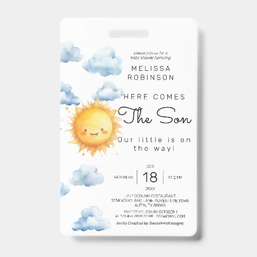 ヒア・カムズ・ザ・サン 水彩 ベイビー・ボーイ・シャワー バッジ (表面)