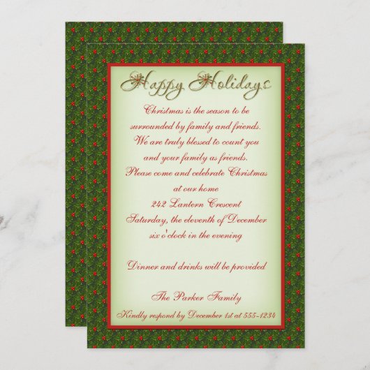 ヒイラギおよびキヅタのクリスマスのパーティの招待状 招待状 (正面/裏面)