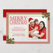 ヒイラギおよびストライプなクリスマスカード シーズンカード (正面/裏面)