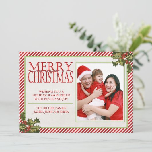 ヒイラギおよびストライプなクリスマスカード シーズンカード (スタンド正面)