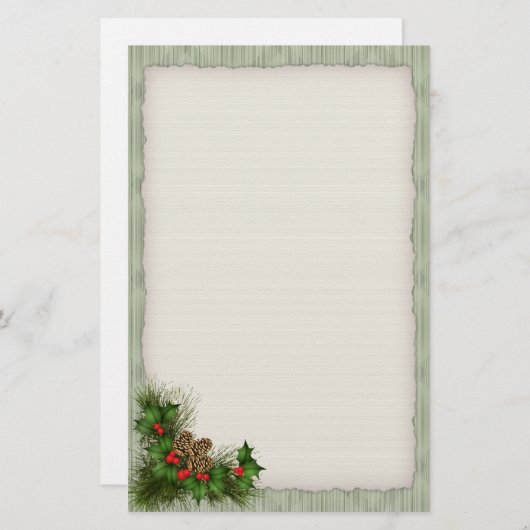 ヒイラギおよびマツ円錐形のクリスマスの文房具 便箋 (正面/裏面)