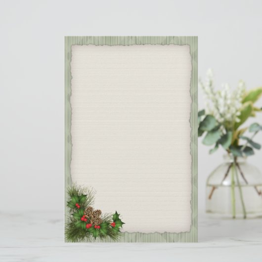 ヒイラギおよびマツ円錐形のクリスマスの文房具 便箋 (スタンド正面)