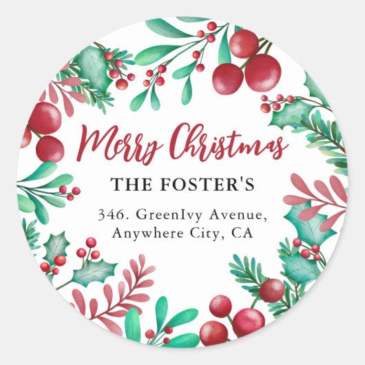 ヒイラギとツタのクリスマスリースの差出人ラベル ラウンドシール (正面)