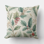 ヒイラギとパイン柄 - クリスマスの植物画 クッション (正面)