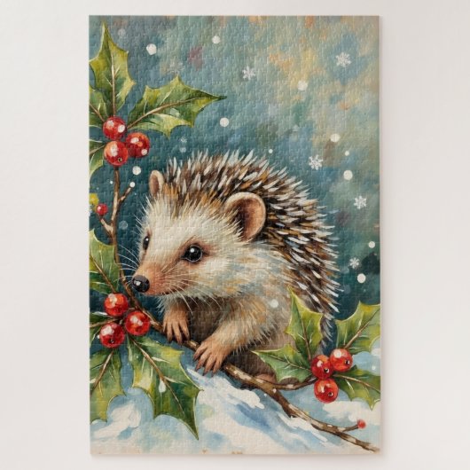 ヒイラギとビンテージのハリネズミ クリスマス ジグソーパズル (縦)