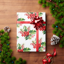 ヒイラギとベリーのクリスマス包装紙 ラッピングペーパー