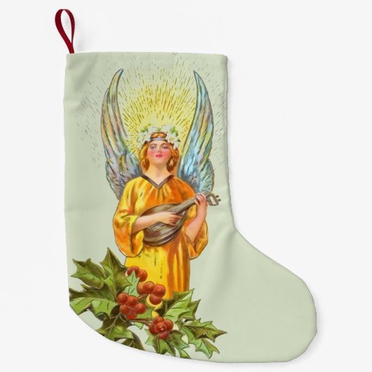 ヒイラギとマンドリンを持つ天使 スモールクリスマスストッキング (正面)