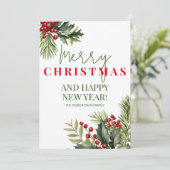ヒイラギとモミの赤い実の白いクリスマスカード 招待状 (スタンド正面)