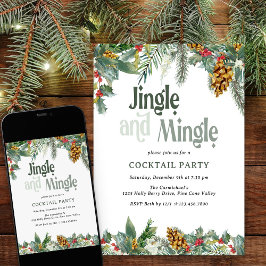 ヒイラギと松のクリスマスカクテルパーティー Jingle and Mingle 招待状