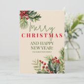 ヒイラギと松の赤い実付きベージュのクリスマスカード 招待状 (スタンド正面)