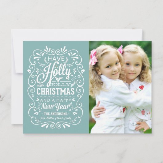 ヒイラギのすてきなクリスマスの冬の青い写真カード シーズンカード (正面)