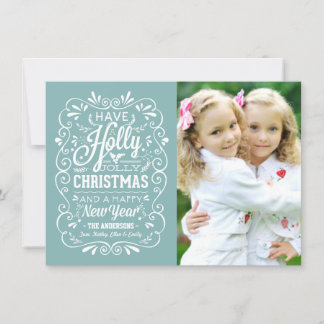 ヒイラギのすてきなクリスマスの冬の青い写真カード シーズンカード