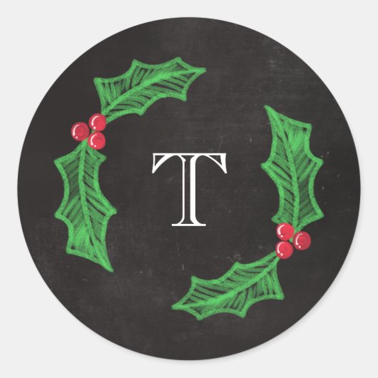 ヒイラギのすてきなクリスマスの素朴な黒板のモノグラム ラウンドシール (正面)
