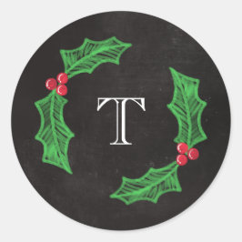 ヒイラギのすてきなクリスマスの素朴な黒板のモノグラム ラウンドシール