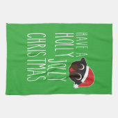 ヒイラギのすてきなクリスマスの黒のパグサンタを持って下さい キッチンタオル (横)