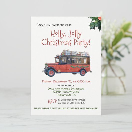 ヒイラギのすてきなクリスマス・パーティのヴィンテージバス招待状 招待状 (スタンド正面)