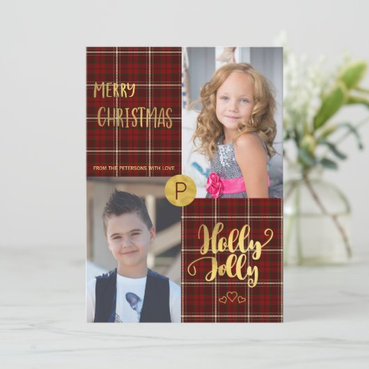 ヒイラギのすてきな金ゴールドの原稿のタータンチェック2の写真のクリスマス シーズンカード (スタンド正面)