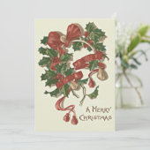 ヒイラギのウィッシュポーンの赤いリボンのWinterberry シーズンカード (スタンド正面)