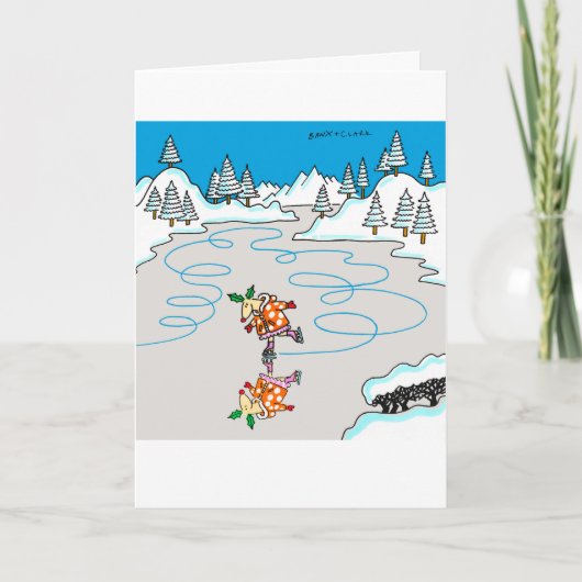 ヒイラギのシカのスケートで滑るのクリスマスカード シーズンカード (正面)